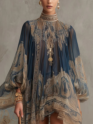 Bérénice | Mini Robe Irrégulière Imprimé Baroque Bleu Marine, Col Haut