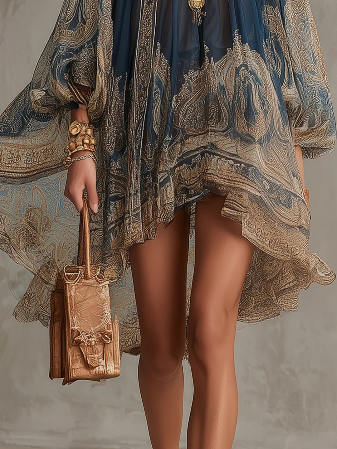 Agathe | Robe courte asymétrique en mousseline bleu marine à col montant et imprimé baroque