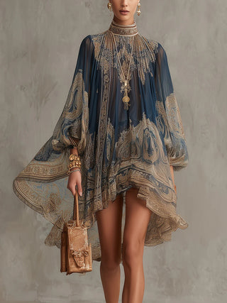 Bérénice | Mini Robe Irrégulière Imprimé Baroque Bleu Marine, Col Haut