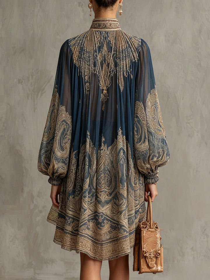 Bérénice™ | Mini Robe Irrégulière Baroque Bleu Marine, Col Haut