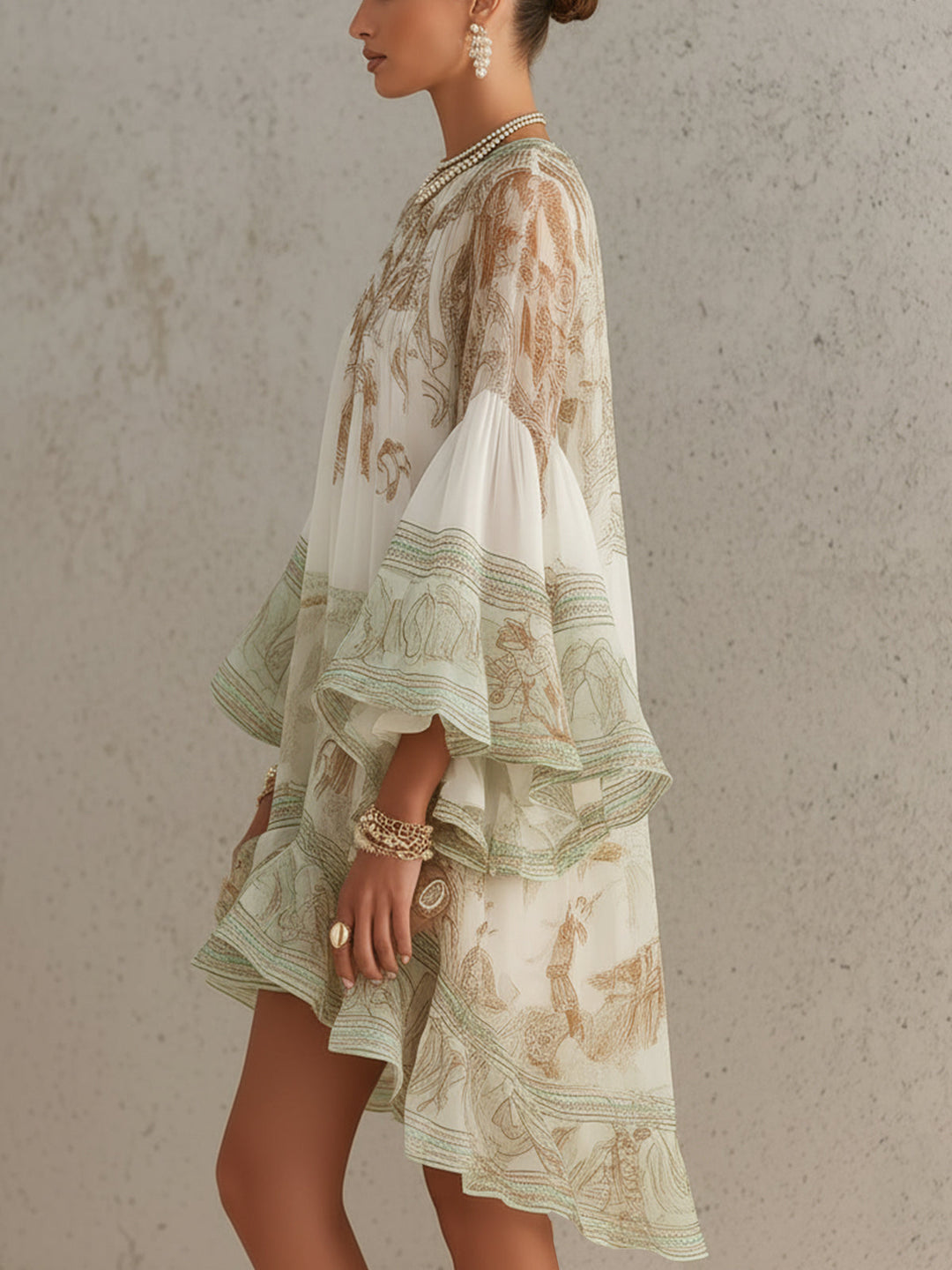 Rosalie | Mini Robe en Mousseline, Manches à Volants, Ourlet Rayé Vert