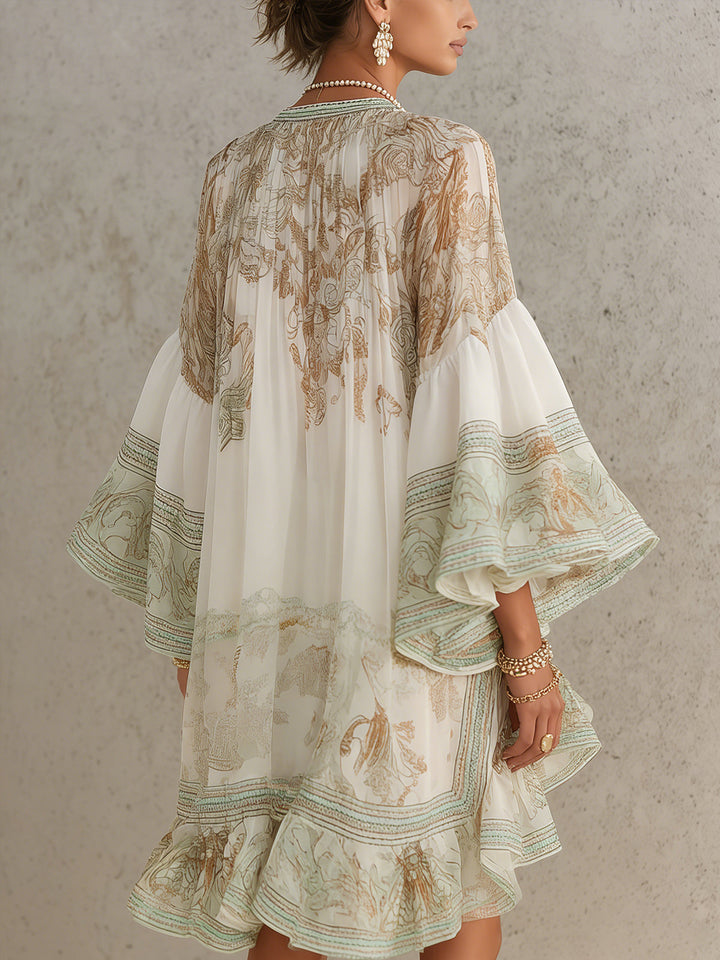 Rosalie | Mini Robe en Mousseline, Manches à Volants, Ourlet Rayé Vert