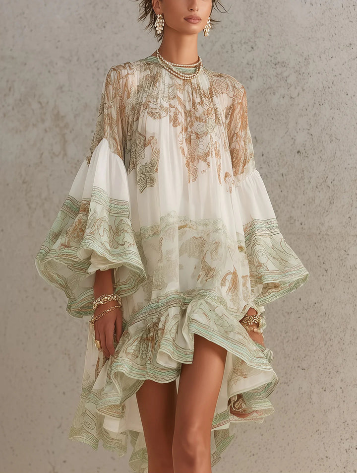 Rosalie | Mini Robe en Mousseline, Manches à Volants, Ourlet Rayé Vert