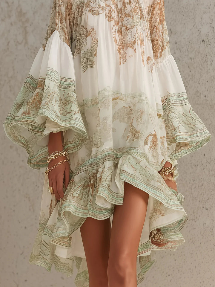 Solange | Robe courte asymétrique en mousseline verte à volants et manches cloches