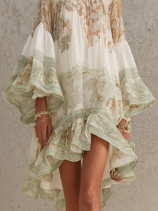 Rosalie | Mini Robe en Mousseline, Manches à Volants, Ourlet Rayé Vert