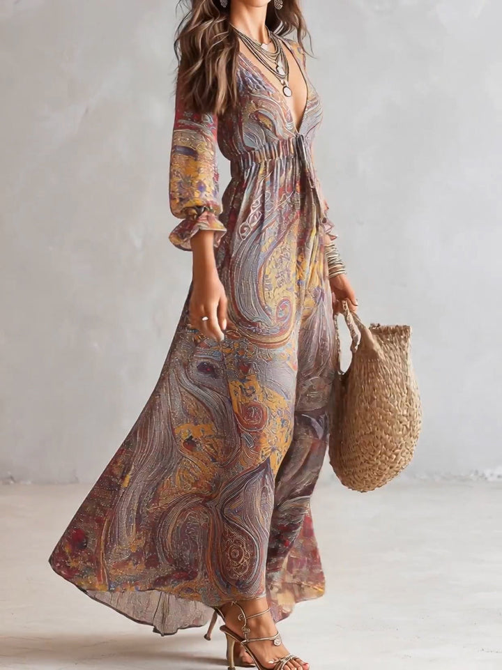 Pénélope™ | Robe Maxi en Mousseline, Imprimé Cachemire, Col en V