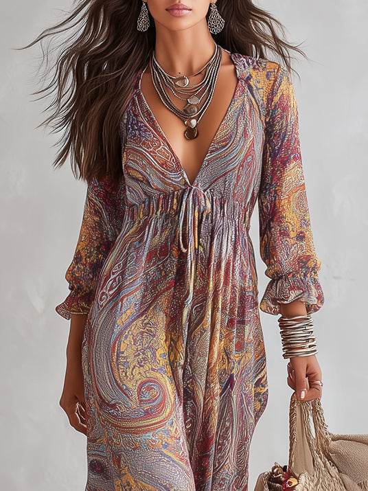 Pénélope™ | Robe Maxi en Mousseline, Imprimé Cachemire, Col en V