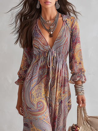 Pénélope™ | Robe Maxi en Mousseline, Imprimé Cachemire, Col en V