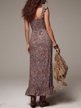 Griselle™ | Robe Maxi Fleurie Plissée, Gris-Violet
