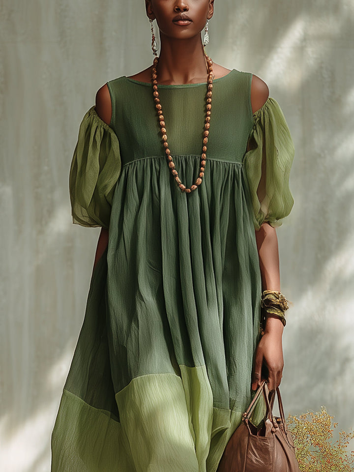 Sylviane | Robe Midi en Mousseline Verte, Épaules Dénudées, Manches Courtes