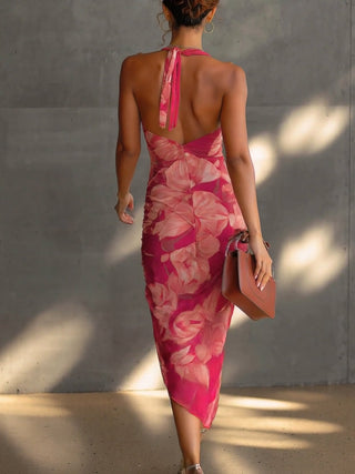Mathilde | Robe fourreau fuchsia à imprimé floral, drapée de côté et fendue