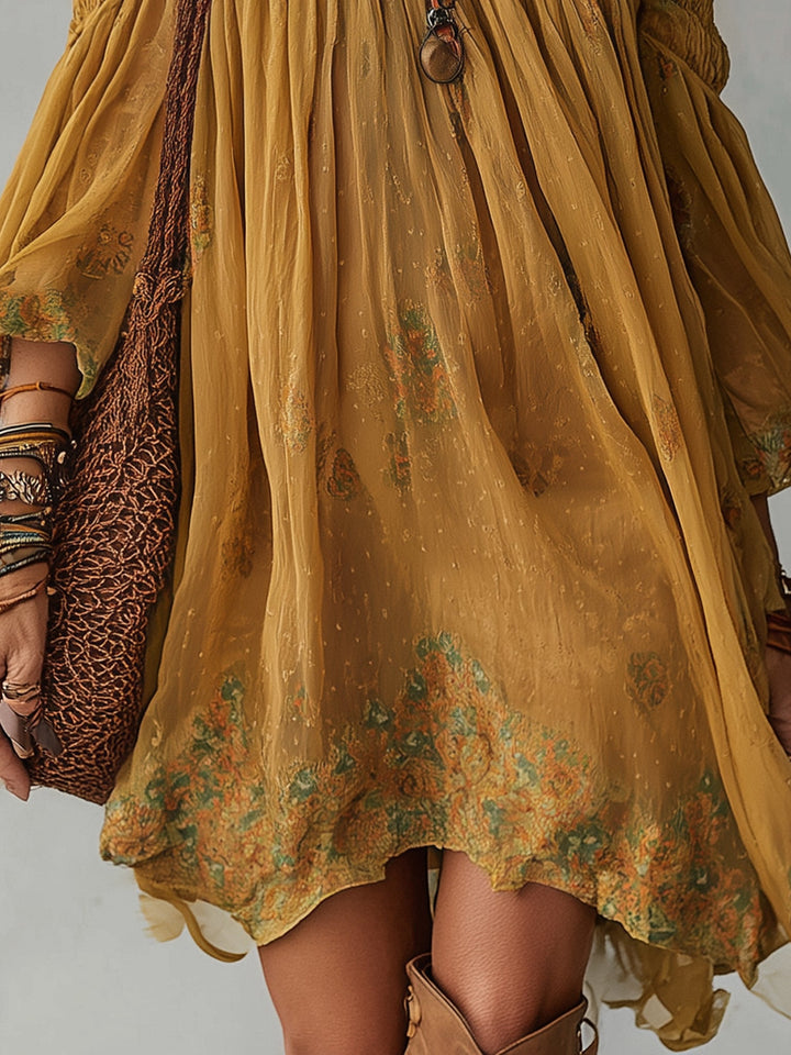 Jonquille | Mini Robe Fleurie Jaune, Épaules Dénudées