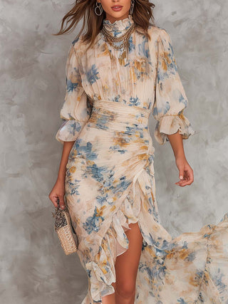 Béatrice™ | Robe Maxi Irrégulière en Mousseline, Imprimé Floral, Col Haut Beige