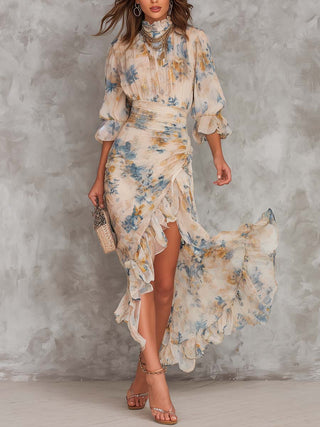 Béatrice™ | Robe Maxi Irrégulière en Mousseline, Imprimé Floral, Col Haut Beige