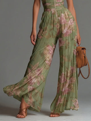 Esméralda™ | Combinaison en Mousseline Verte Fleurie, Col en V, Pantalon Large