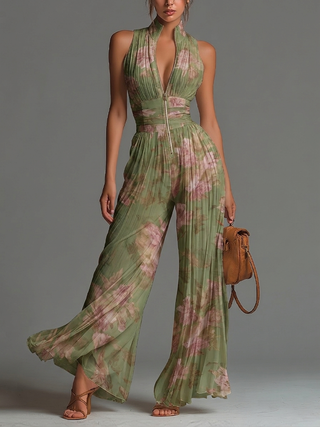 Esméralda™ | Combinaison en Mousseline Verte Fleurie, Col en V, Pantalon Large