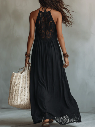 Zélie™ | Robe Maxi Bohème Noire Sans Manches, Dentelle