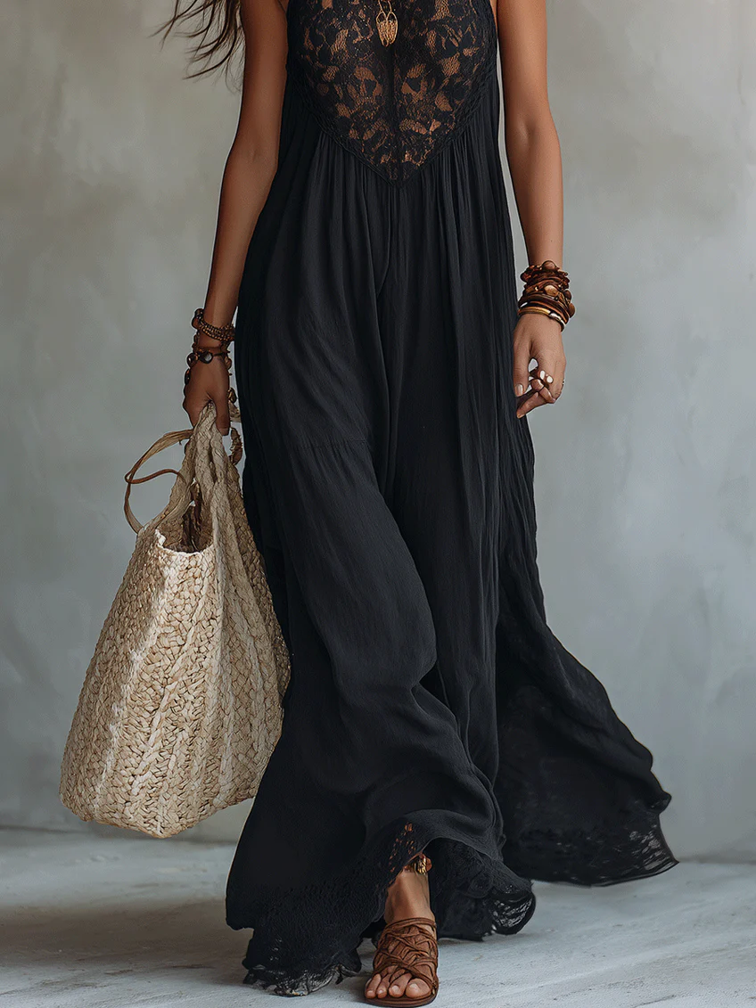 Zélie™ | Robe Maxi Bohème Noire Sans Manches, Dentelle