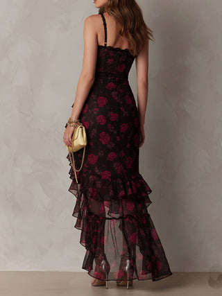Ondine™ | Robe Chic Noire et Rouge Fleurie, Ourlet à Volants
