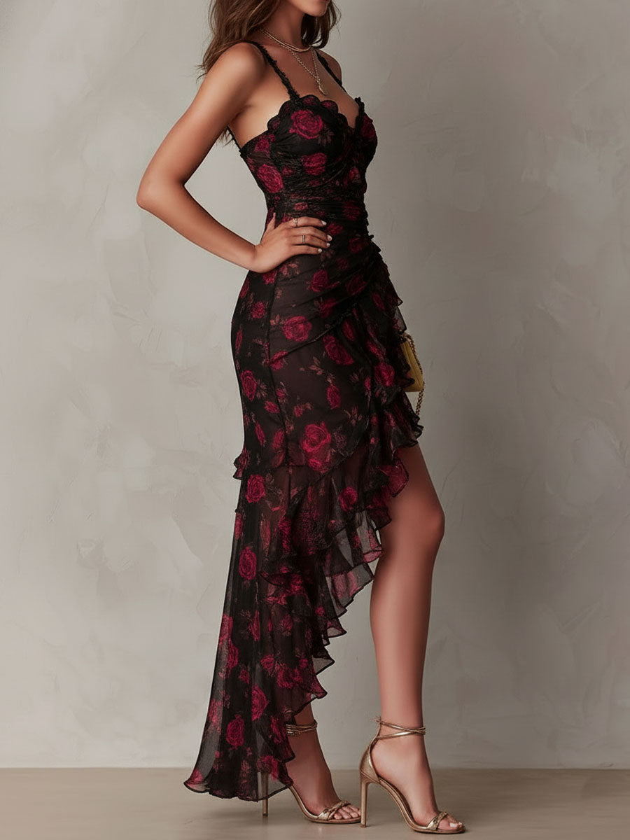 Ondine™ | Robe Chic Noire et Rouge Fleurie, Ourlet à Volants
