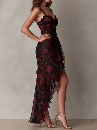 Ondine™ | Robe Chic Noire et Rouge Fleurie, Ourlet à Volants