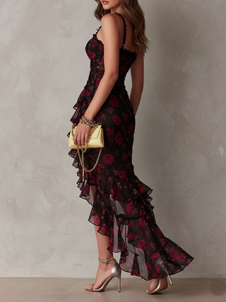 Ondine™ | Robe Chic Noire et Rouge Fleurie, Ourlet à Volants