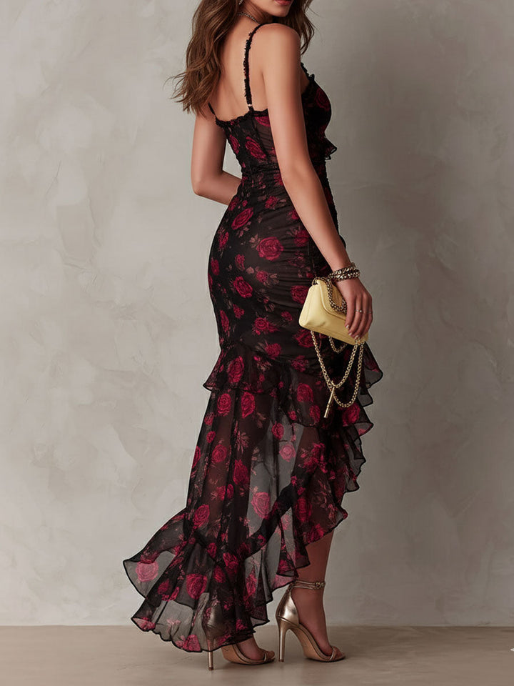 Ondine™ | Robe Chic Noire et Rouge Fleurie, Ourlet à Volants