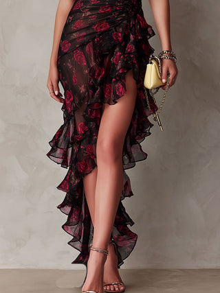 Ondine™ | Robe Chic Noire et Rouge Fleurie, Ourlet à Volants