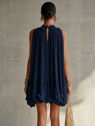 Océane | Mini Robe à Volants, Col Halter, Bleu Marine