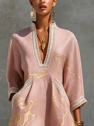 Aurore | Mini Robe Col en V, Imprimé Or Rose
