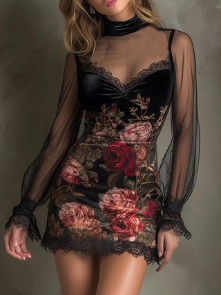 Églantine | Mini Robe en Tulle, Imprimé Roses et Dentelle