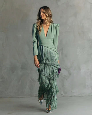 Claire™ | Robe midi élégante à manches frangées