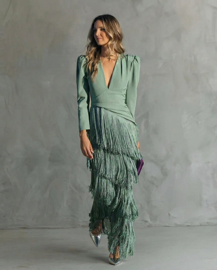 Claire™ | Robe midi élégante à manches frangées