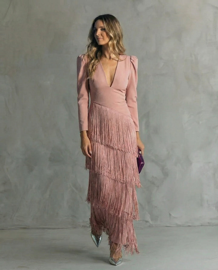 Claire™ | Robe midi élégante à manches frangées
