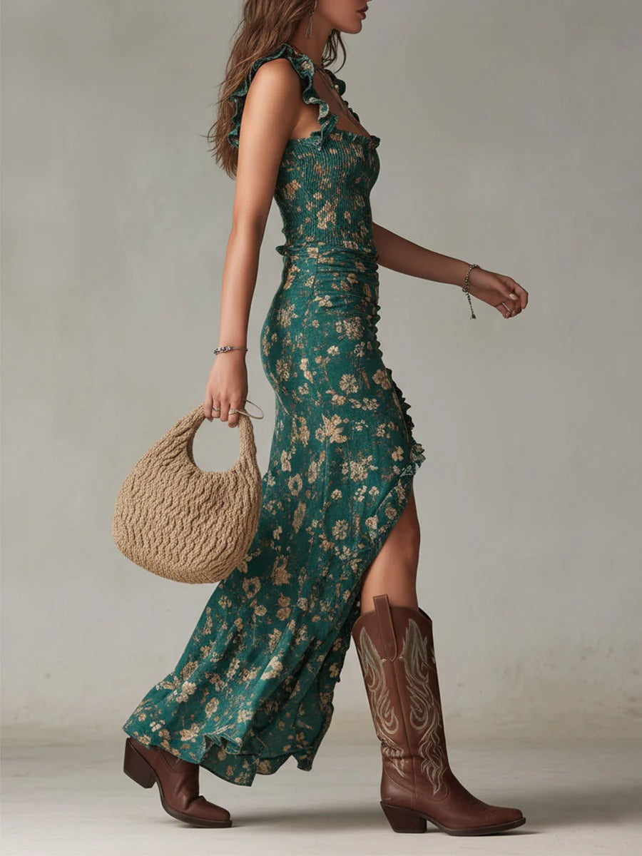 Zara™ | Robe maxi bohème froncée à imprimé fleuri et fente latérale
