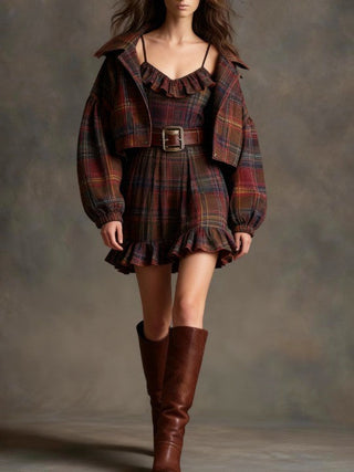 Marielle | Mini Robe Vintage à Carreaux et Rayures avec Veste Ample (avec ceinture)